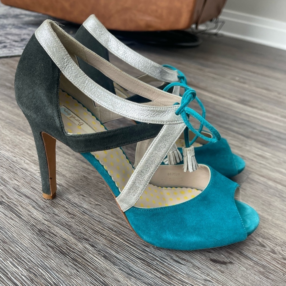 Boden | Rosemary Heels Tassel Tie Turquoise Silver Genuine Leather Made in Spain